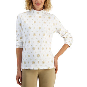 Karen Scott Small Petite Mock-Neck Gold Glitter Snowflake Long Sleeve Top NWT